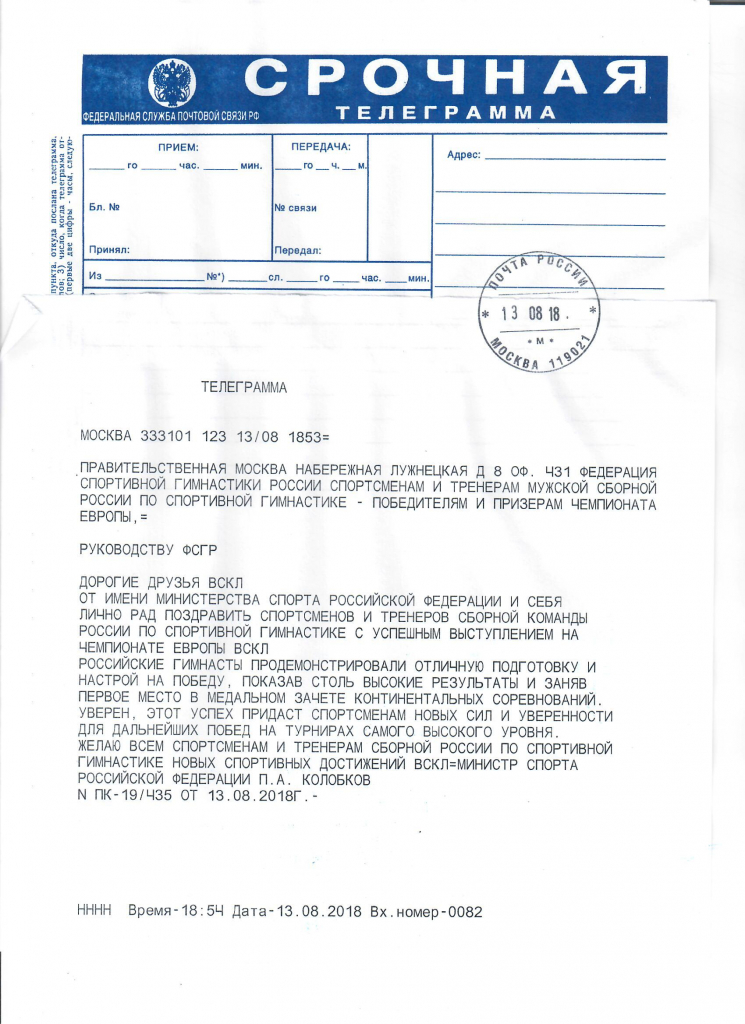 Поздравления в адрес спортсменов и тренеров сборной команды России по спортивной гимнастике - победителям и призерам Чемпионата Европы от Министра спорта РФ П.А.Колобкова